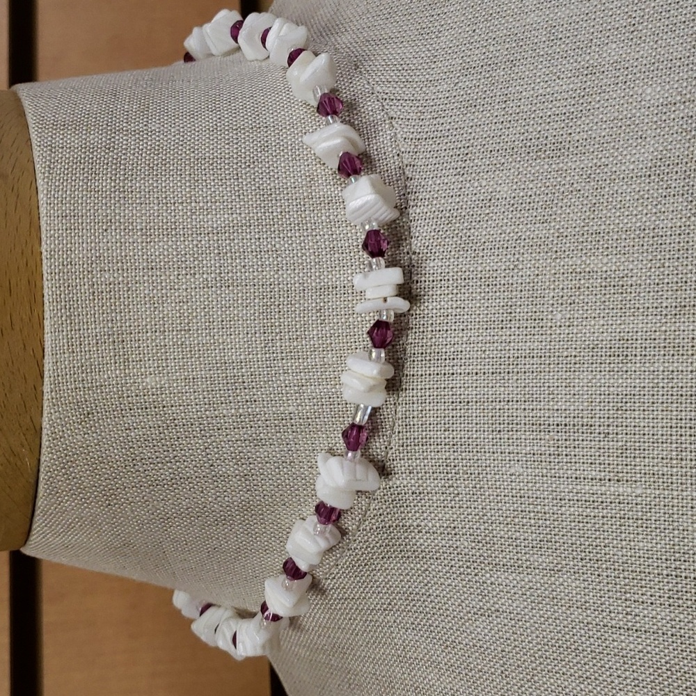 Beaded Necklace White Purple Barrel Screw Clasp Boho Handmade Style